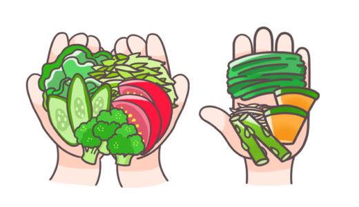 【栄養・食べ物】1食分（120g）の野菜を手計（てばかり）したかわいいフリーイラスト～生野菜・加熱調理～