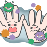【医療・衛生】ウイルス・ばい菌がついている手のかわいいフリーイラスト