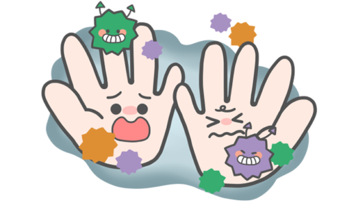 【医療・衛生】ウイルス・ばい菌がついている手のかわいいフリーイラスト