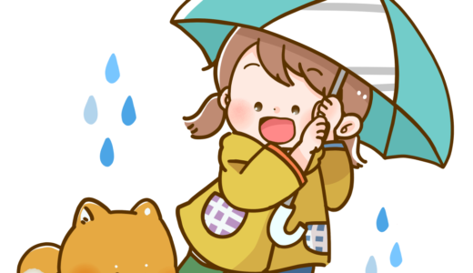 【生活・人・梅雨】雨の日の子犬と女の子のかわいいフリーイラスト