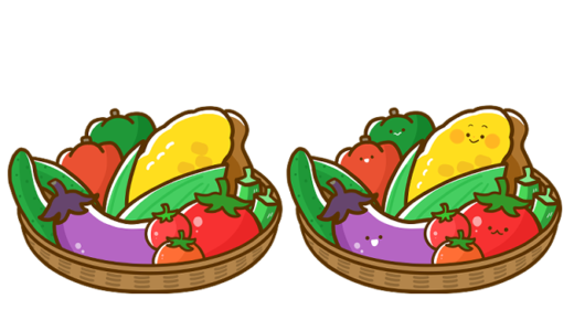 【栄養・食べ物・野菜・夏】夏野菜のかご盛り合わせのかわいいフリーイラスト