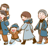 【生活・人・冬】家族で笑顔で歩いている様子のかわいいフリーイラスト　冬バージョン