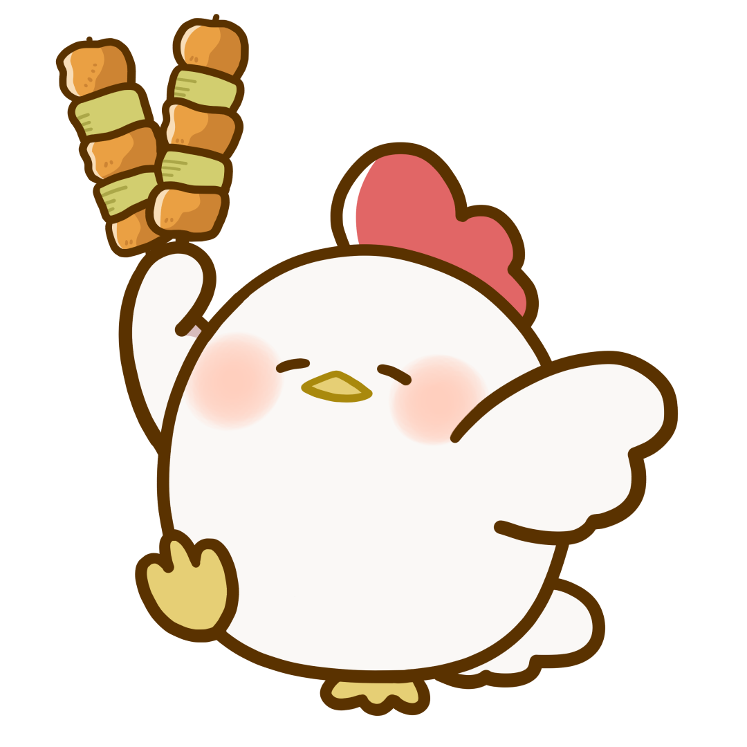 栄養・食べ物・動物】焼き鳥をもっているニワトリさんのかわいいフリー  