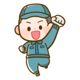 【生活・人】作業服を着た工場で働く人 笑顔でジャンプ のかわいいフリーイラスト