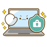 【生活・道具・物】ゆるいノートパソコン ウイルスから守る様子のかわいいフリーイラスト